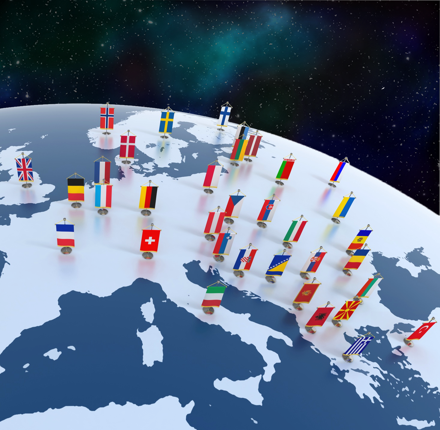 Partial globe with various country flags