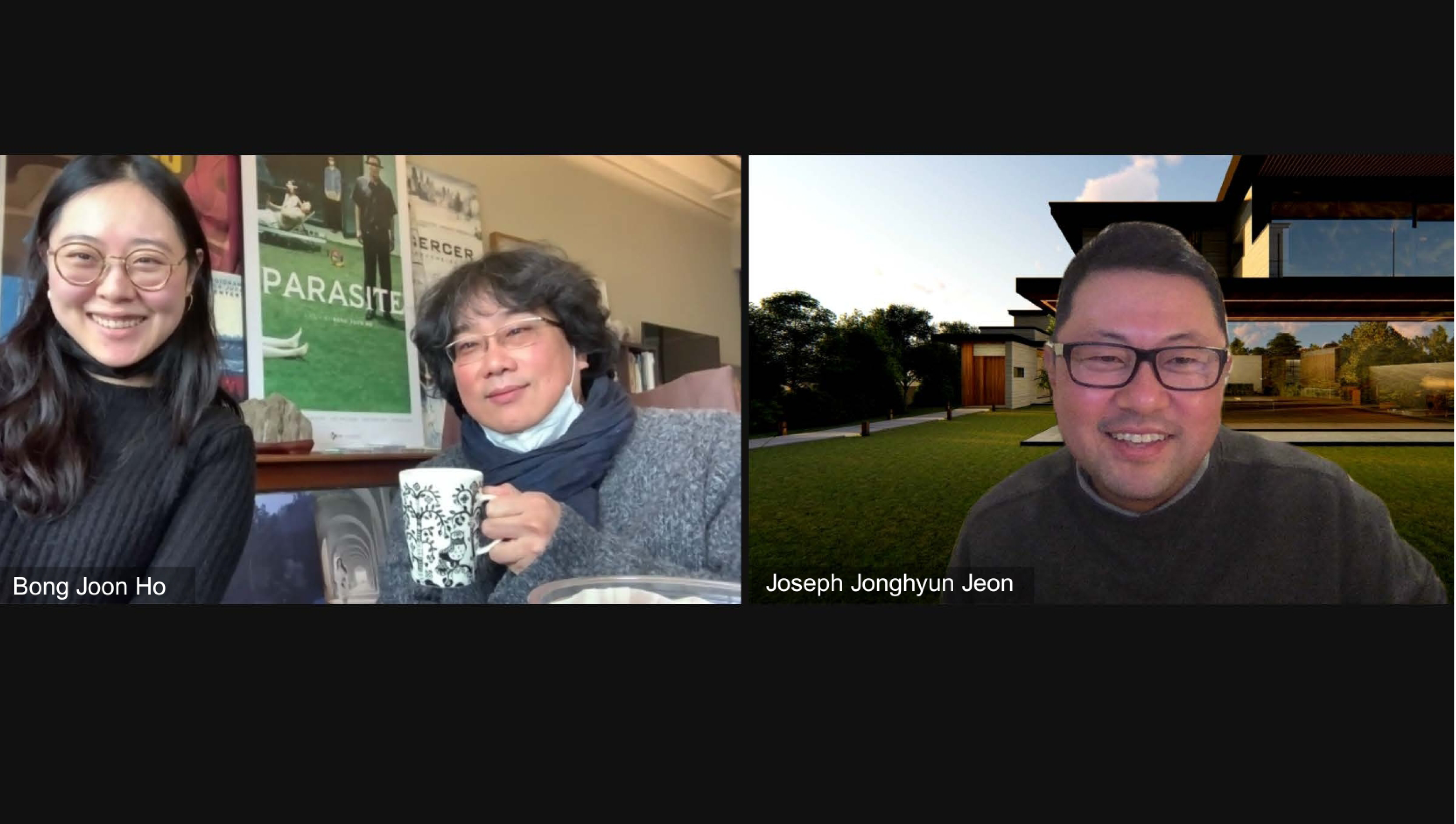A Zoom screenshot of director Bong Joon Ho and Joseph Jonghyun Jeon