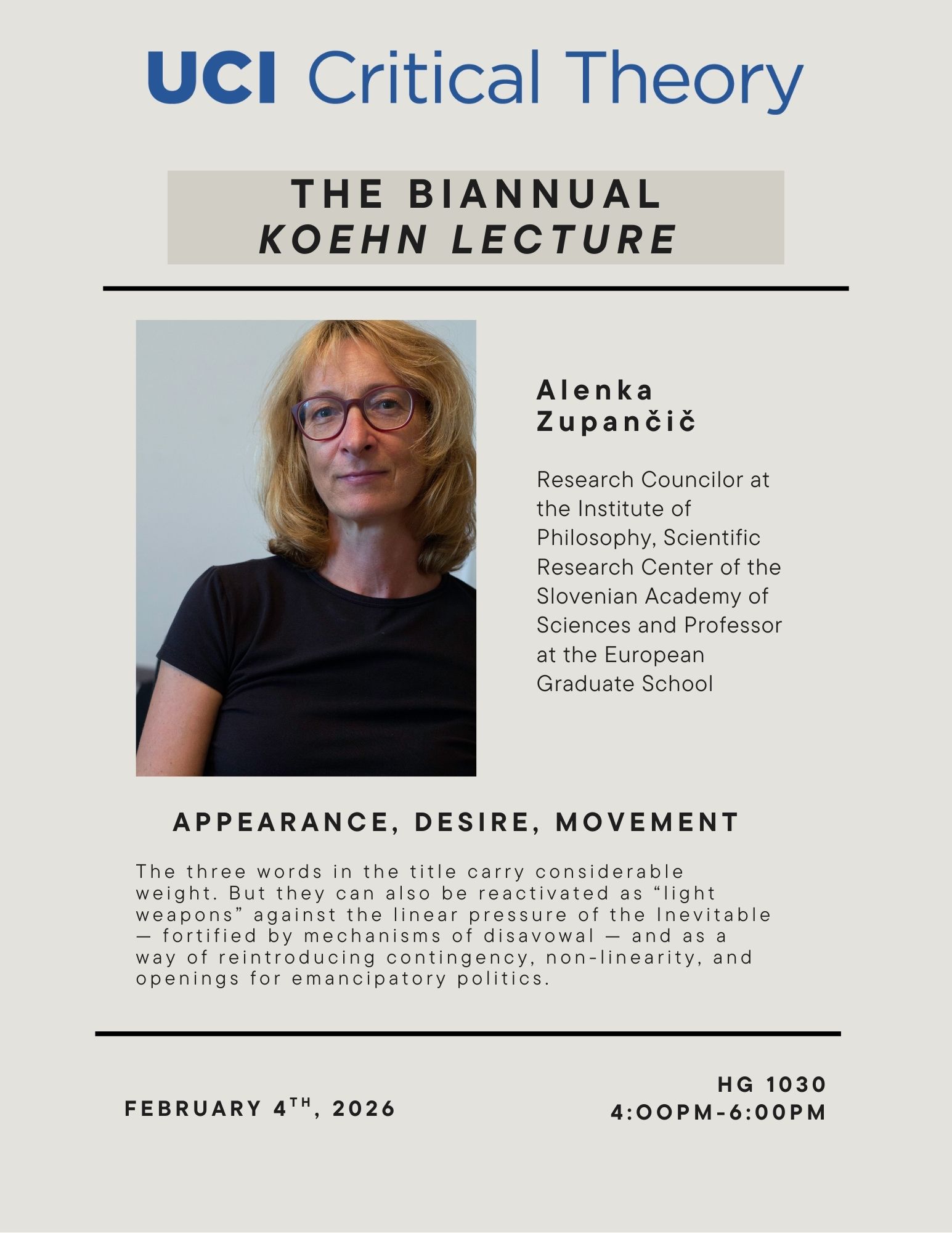 UCI Critical Theory: The Biannual Koehn Lecture with Alenka Zupancic