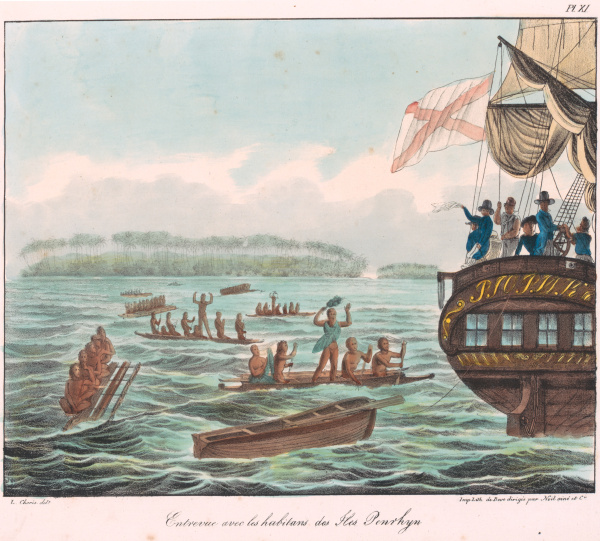 Lithograph; "Figure 1.2 Entrevue avec les habitans des Iles Penrhyn"