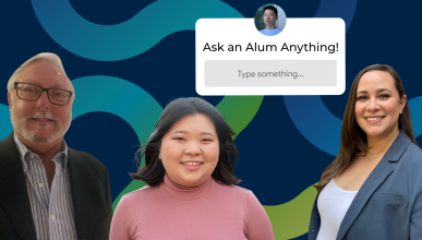 Three Alum with a designed background with text that reads Ask an Alum Anything!