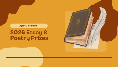 orange background with black book and quill