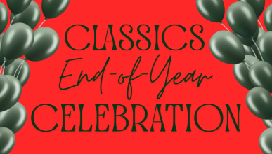 Red background with text: "Classics End of Year Celebration"