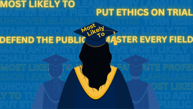 Most Likely To text and a graduating student with their cap and gown.